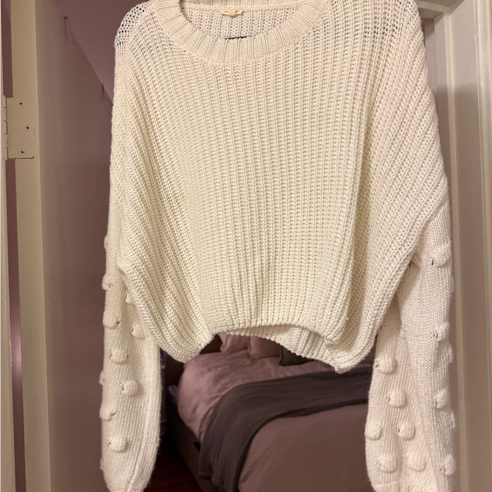 Pom-Pom Sleeve Crewneck Sweater in Cream